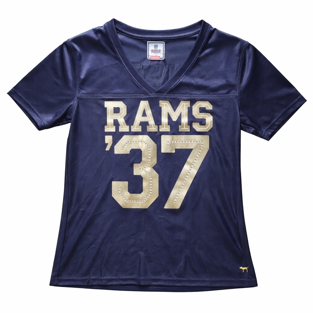 PINK Victoria’s Secret NFL Rams Rhinestone Jersey Tee Womens M Navy Gold